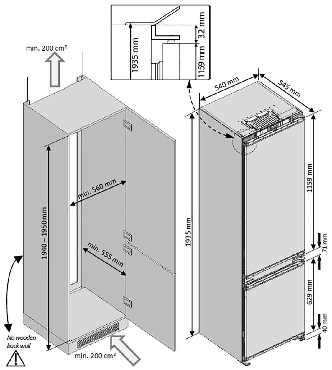 Встраиваемый холодильник размеры шкафа