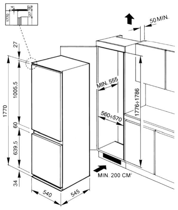 Размер встроенного холодильника габариты со шкафом